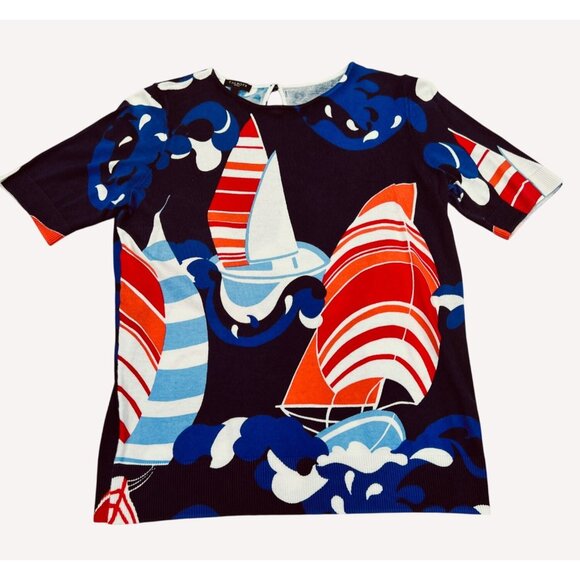 Talbots Petites MP Sailboat Print Sweater Short Sleeve Knit Cotton/Nylon Blend N - Picture 1 of 7